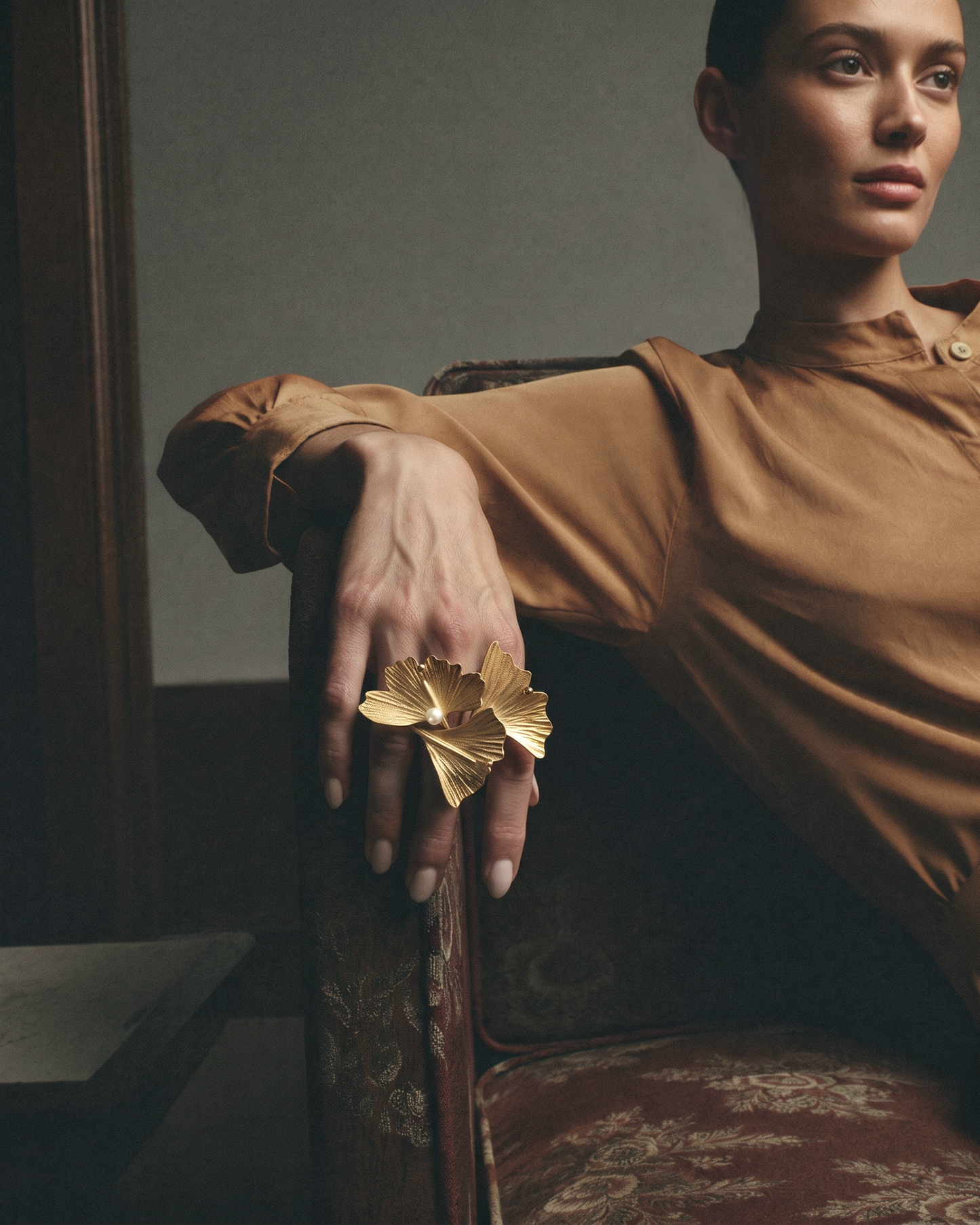Ginkgo Ring with Pearl